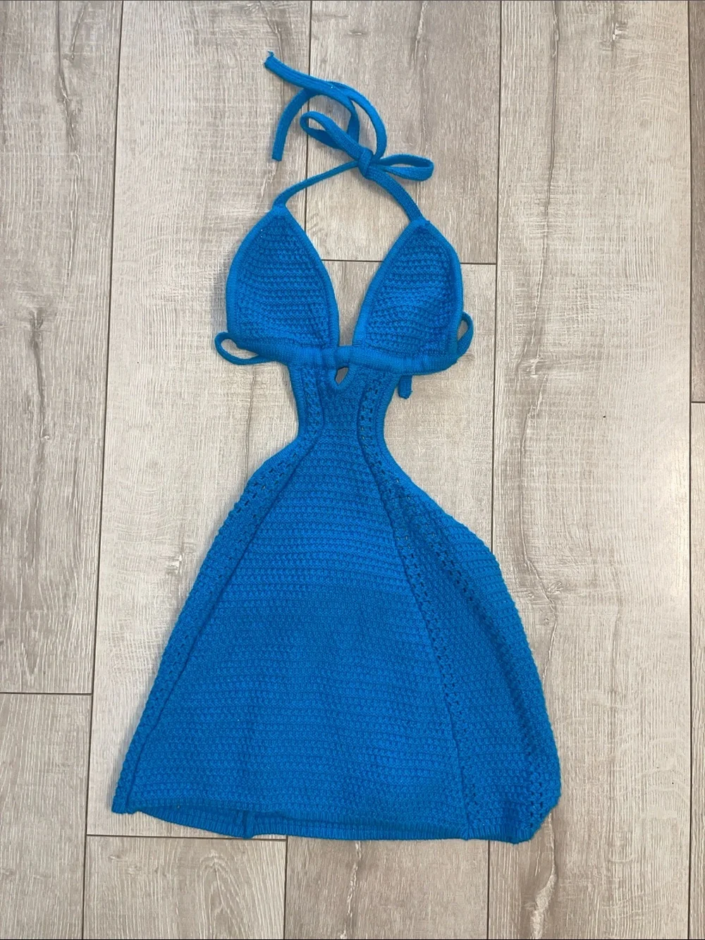 Blue crochet mini dress with size cutout detail size XS never worn!